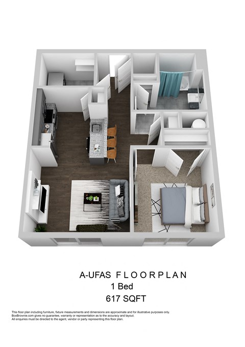 Floor plan for 1 bed, 1 bath, 617 sqft
